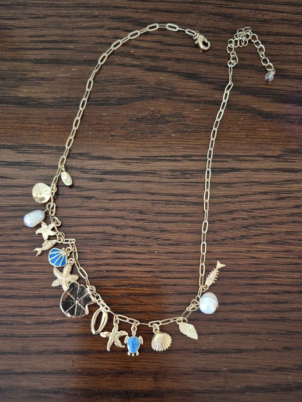 Gold-Tone Sea Life Charm Necklace with Blue and Pearl Accents